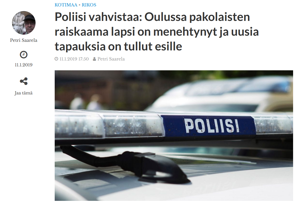 Pakolaisten raiskaama lapsi on menehtynyt Oulussa